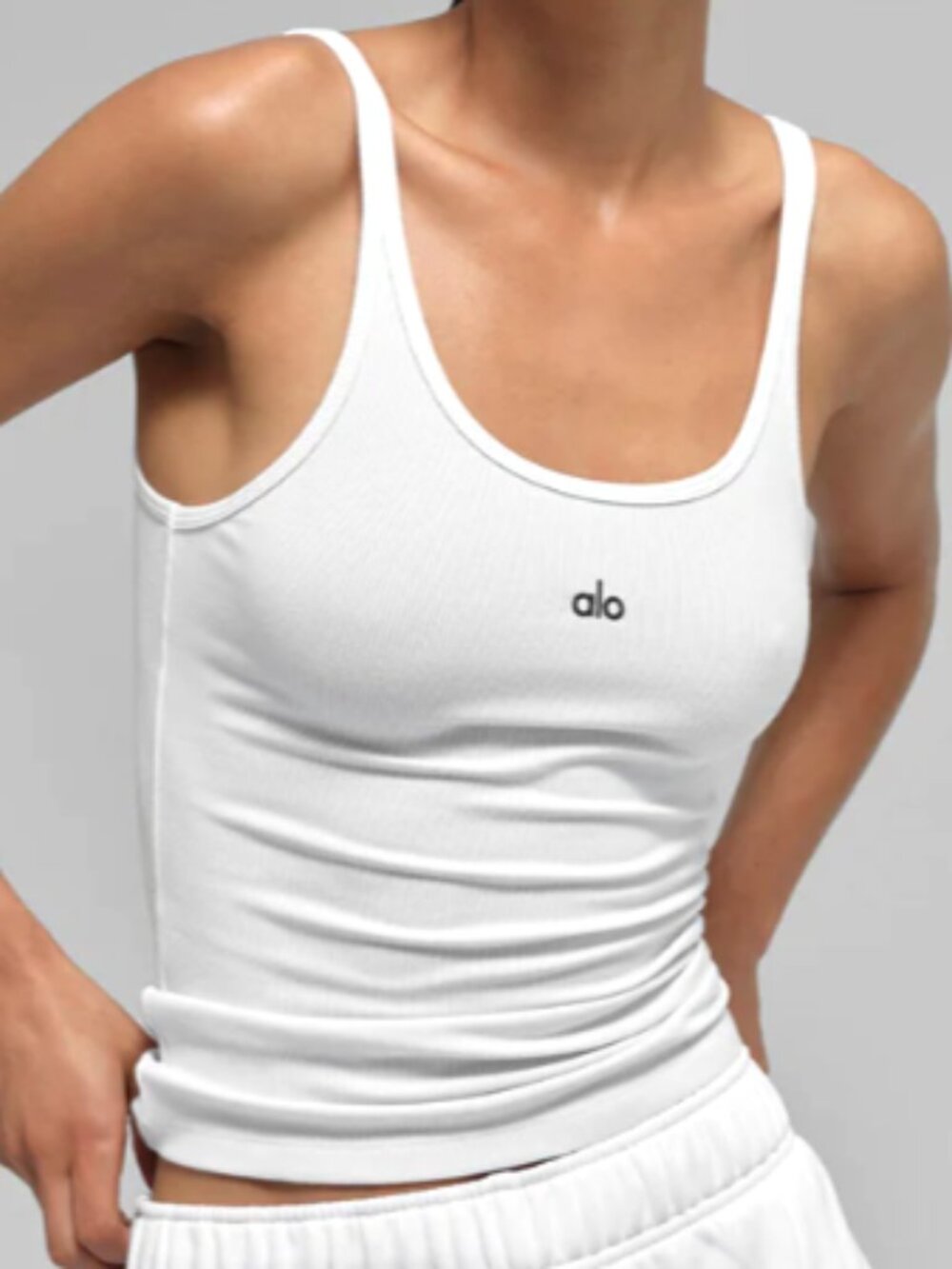 ALO Yoga White Ribbed Tank Top with Black Logo
